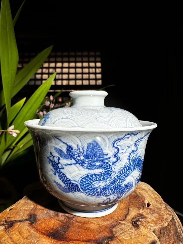 青花海水龙纹 盖碗