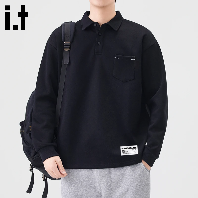 i.t:CHOCOOLATE黑色长袖polo衫男士2025年秋冬季新款宽松休闲上衣