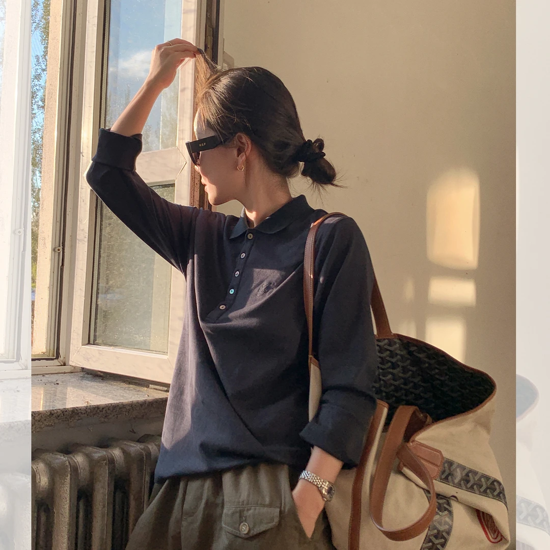 莉贝琳sisypolo衫女200g全棉气质绣花显瘦百搭长袖上衣S25308TS02