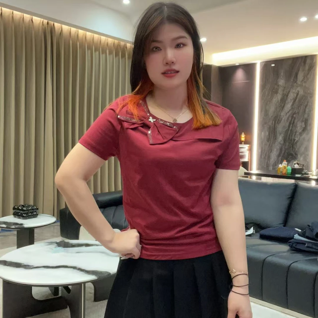小鑫肝@现货浮力冰瓷棉蝴蝶装饰花边气质修身T恤 6915