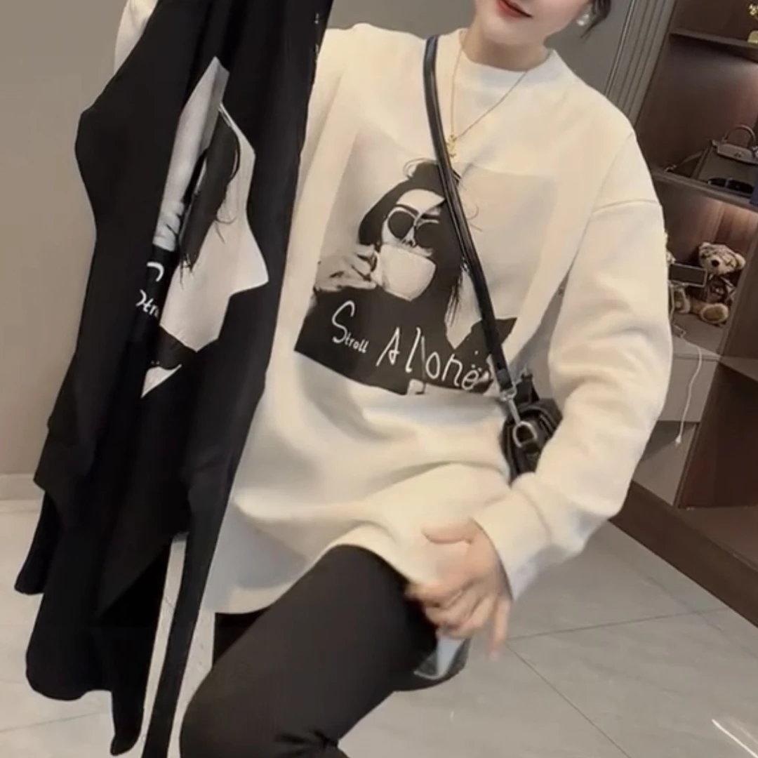 印花常规款人物极简风休闲风T恤加厚套头秋冬宽松