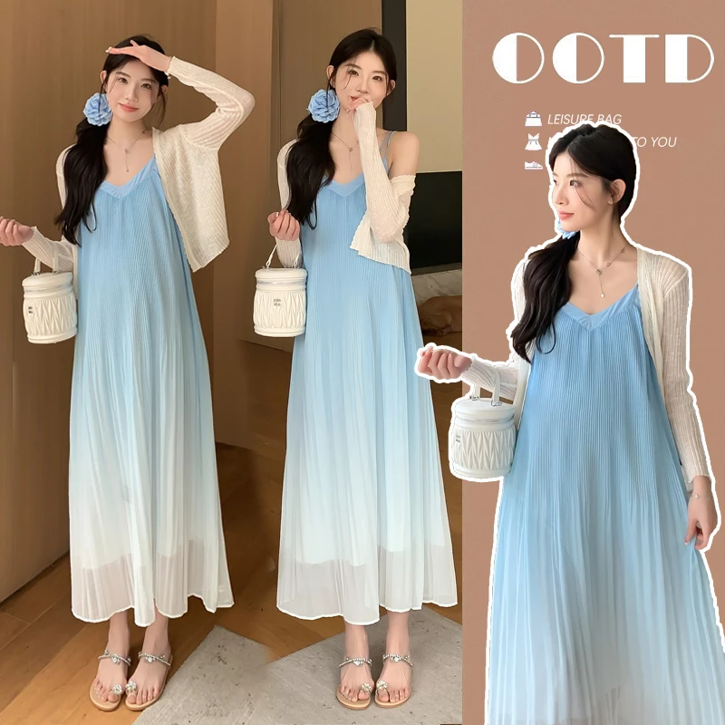 2025孕妇装夏季新款韩版百褶吊带裙防晒外套孕妇中长款显瘦连衣裙