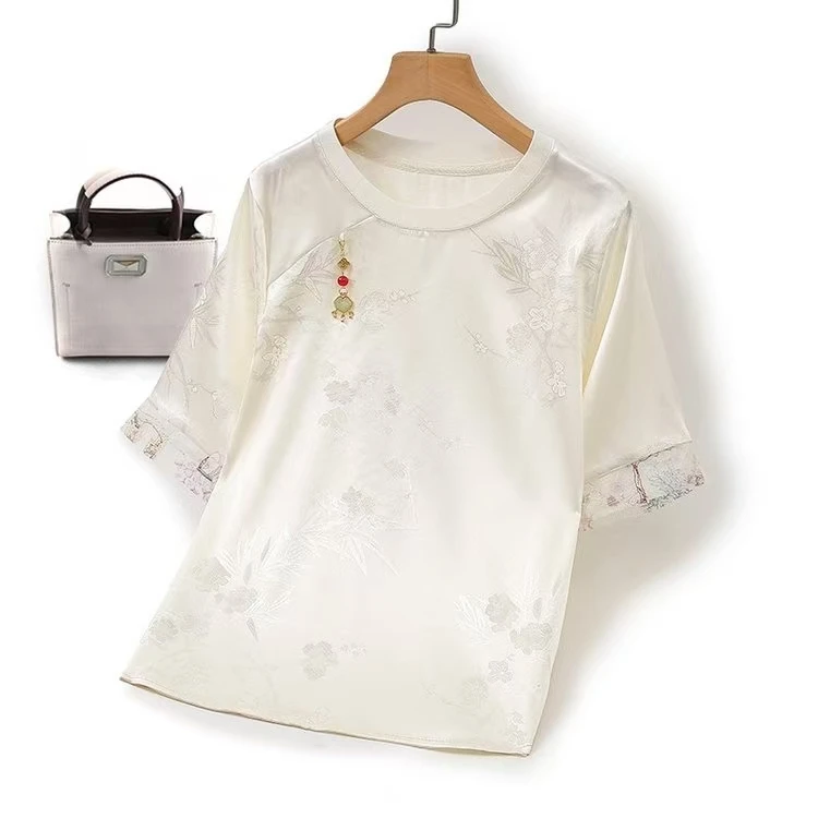 【白溪~短袖001】杭州品质新中式早春夏季禅意暗纹提花挂坠圆领T恤