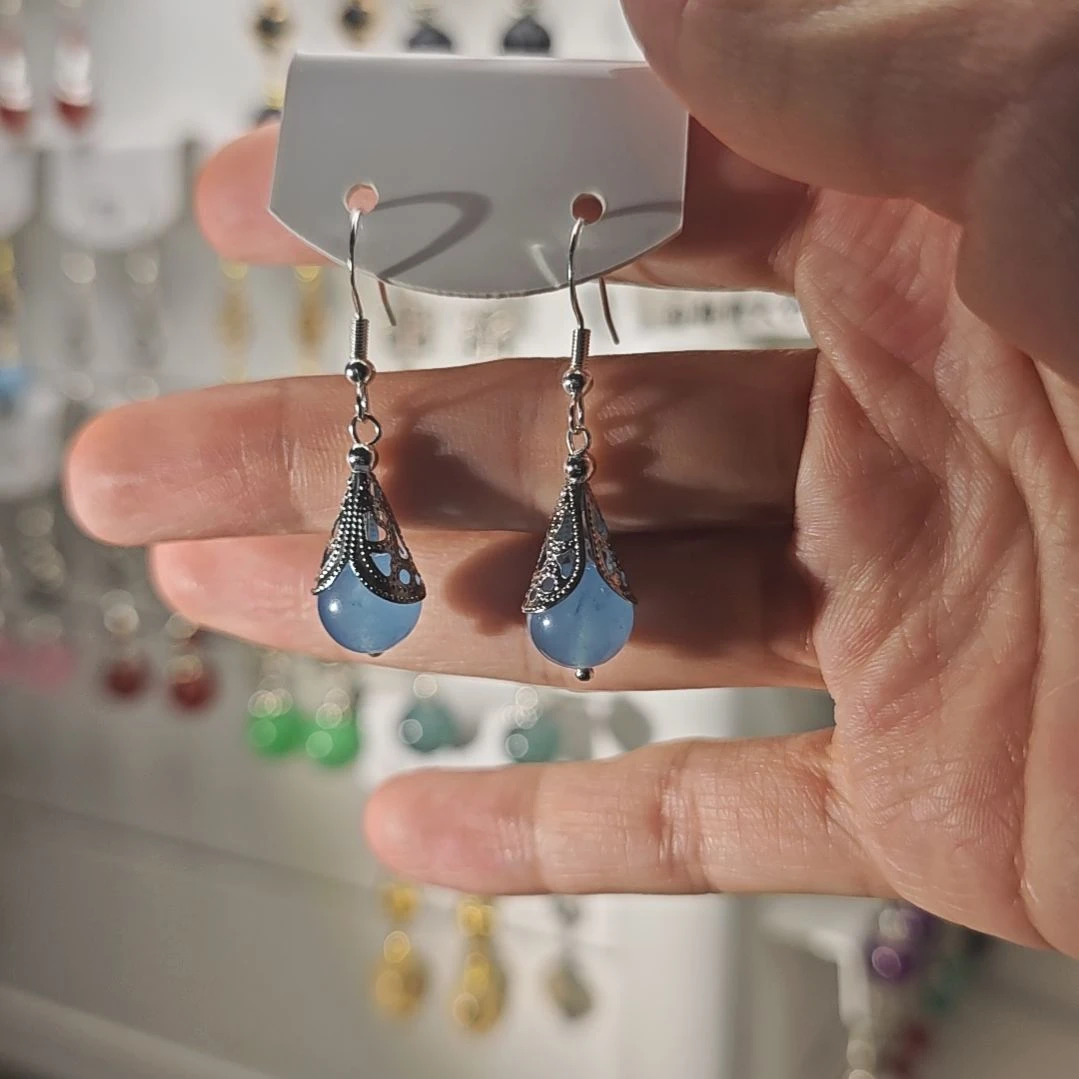 玛瑙/玉髓未镶嵌耳钉灯笼款蓝玉髓925银包边