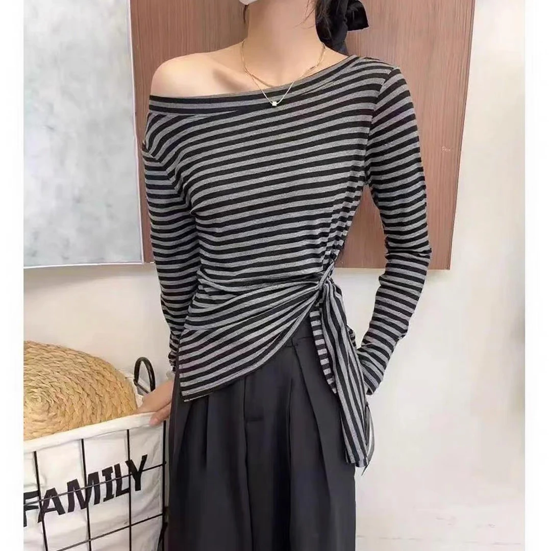 【5米运补】2025早秋新款长袖T恤女时尚撞色条纹打底衫修身百搭上衣