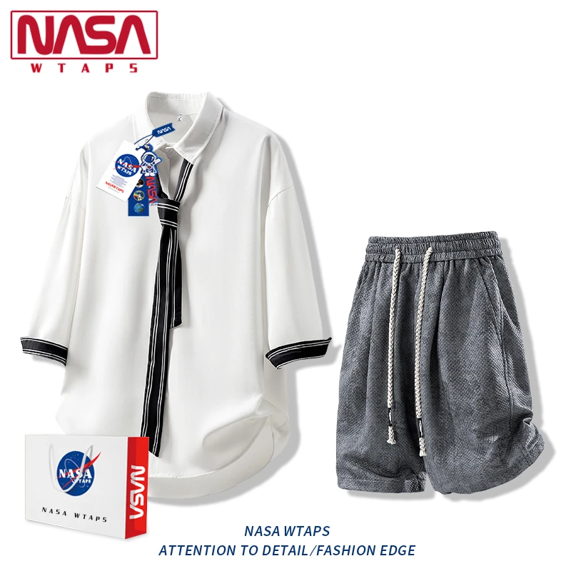 NASA WTAPS学院风七分袖衬衫套装男款夏季冰丝薄款衬衣短裤两件套