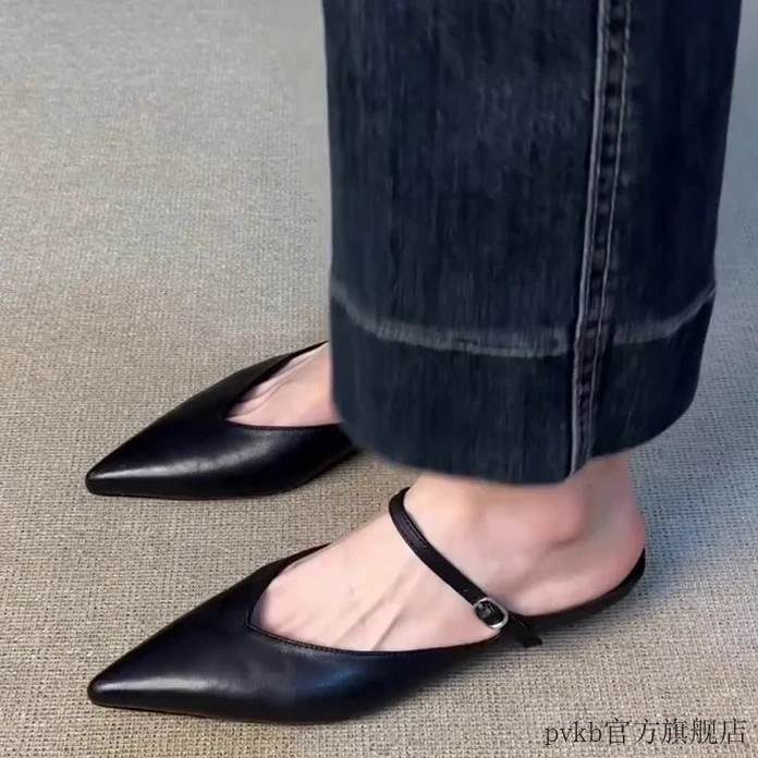 高级感~新款尖头厚底包头半拖鞋法式复古一字扣带时尚浅口穆勒鞋