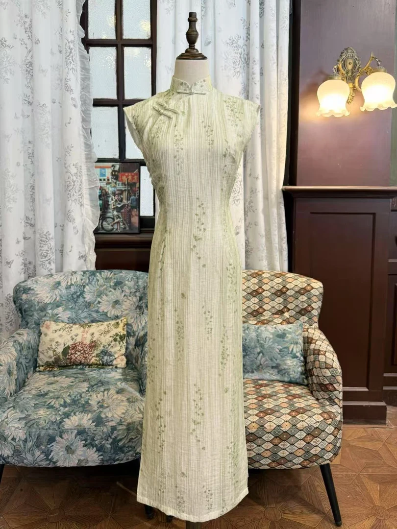 锦笙 |晓山青125cm改良新中式半开襟侧拉链双层修身年轻日常旗袍