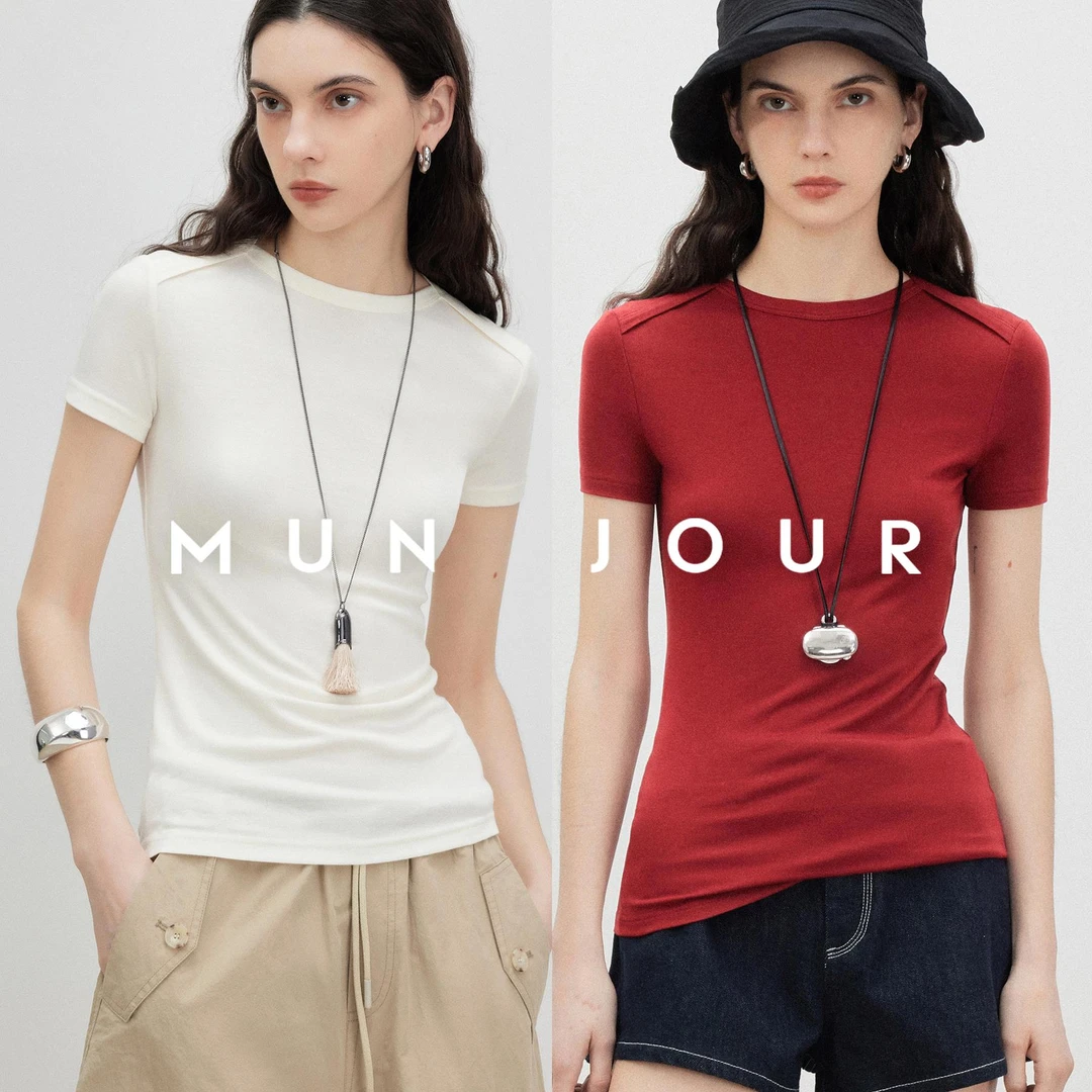 精挚miu系_轻柔裸感轻解构斜肩分割修身显瘦船领短袖T恤