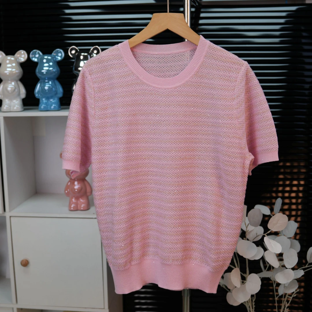 TASTYLE春夏新款圆领条纹拼色上衣软糯亲肤时尚休闲短袖针织衫女