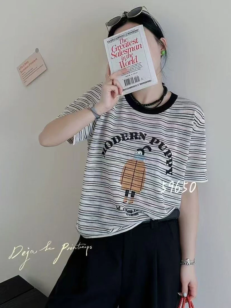 透气条纹印花圆领常规短袖T恤ins套装针织宽松休闲简约显瘦