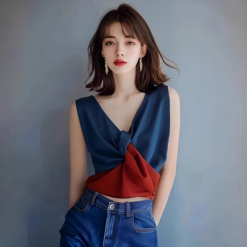 法式拼色V领设计感无袖吊带T恤女2025新款春季冷淡系高级感上衣