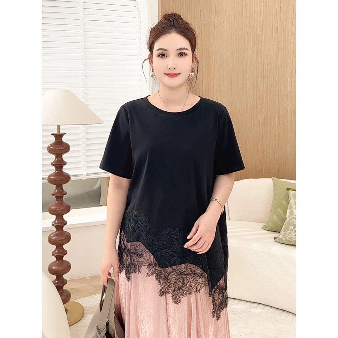 【不规则蕾丝衣摆短袖】MsShe大码女装2025新时髦洋气T恤S~E2504026