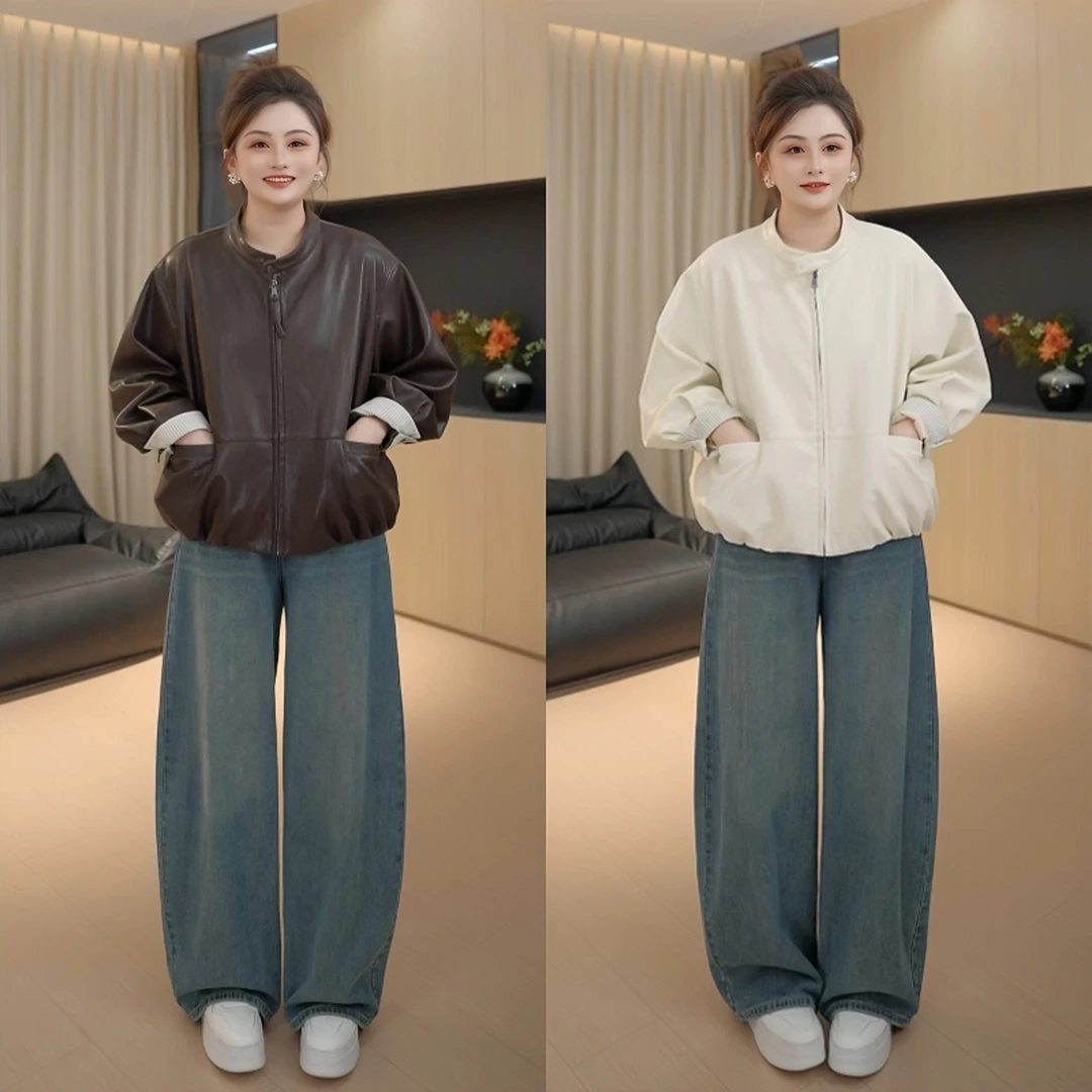 【胖佳佳】现货~摩根皮衣 秋季新款时尚条纹拼接立领外套H625T14284