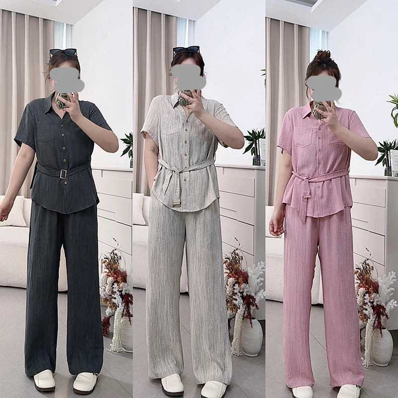 休闲时尚套装女2025夏季新款气质修身短袖上衣阔腿裤子显瘦两件套