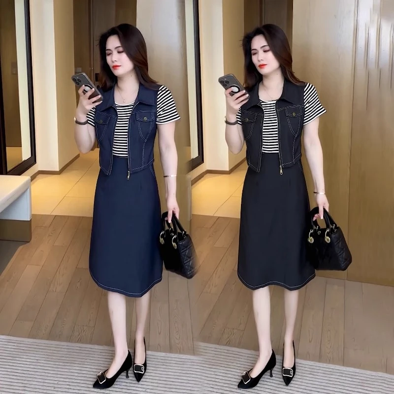 假两件连衣裙套装女2025夏季新款洋气显瘦中长款裙子减龄两件套潮