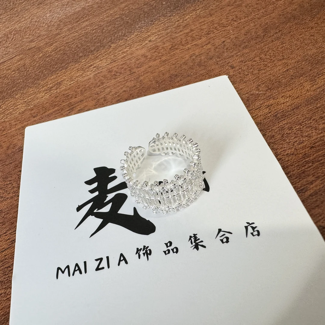 925银戒指 时髦个性女王公主锆石款开口可调节-网格皇冠戒指0256