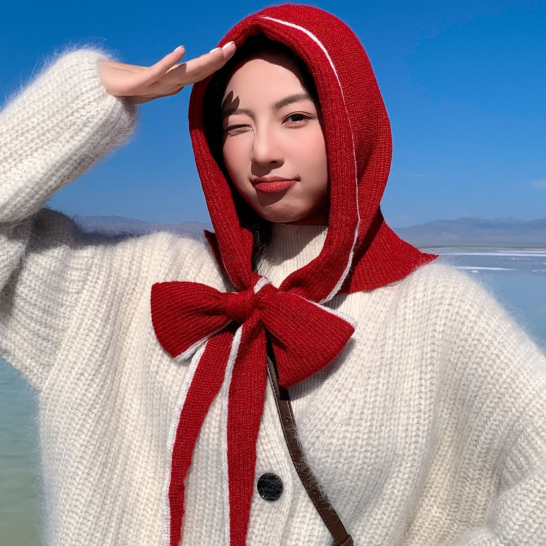 韩版针织帽子围巾一体女2025冬季巴拉巴拉法帽护耳连帽围脖大披肩