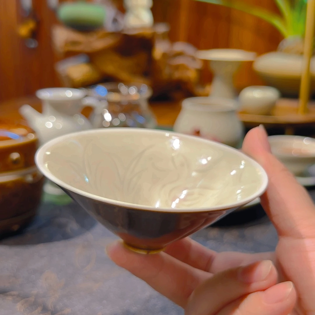 微澜定瓷 双色釉斗笠盏 紫定 芒口
