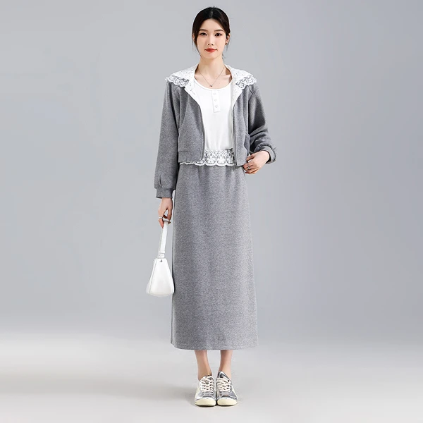 燕苹春季新款优雅淑女假两件上衣蕾丝连帽针织长短款裙套装ZM2516