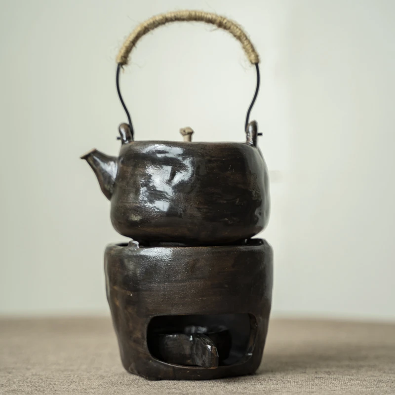 斋居 小温茶器黑色提梁壶加炉煮茶器煮茶炉(X9123)
