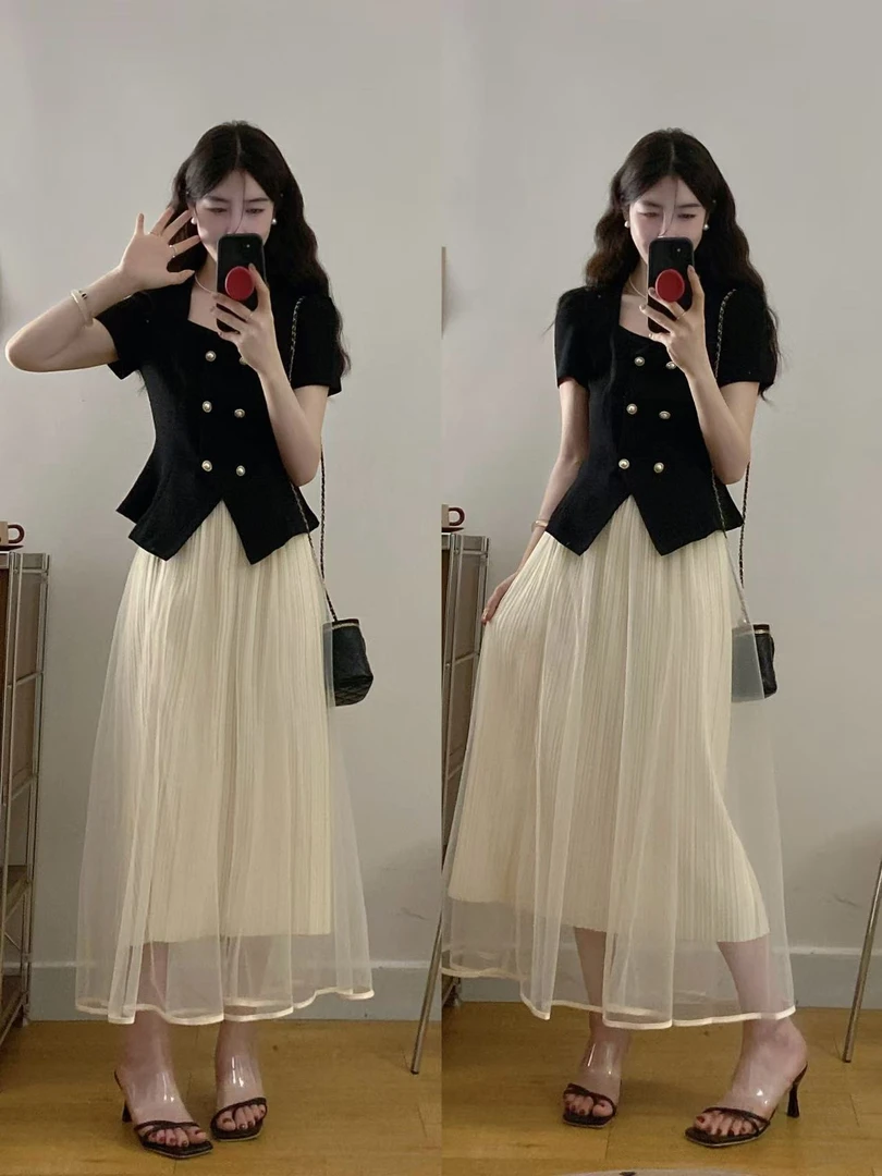 MO88ZSPF2025新款大码胖M设计感气质显瘦排口上衣+公主裙两件套装