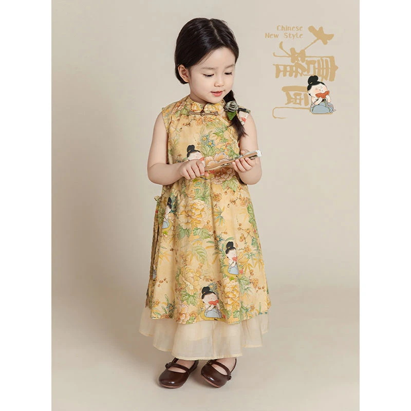 幼套装旗袍中式国风悠夏季甜美可爱唐风开叉女童网纱半身裙潮