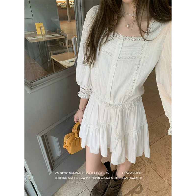 2025春季白玫絮语南法复古俏皮甜美蓬蓬袖上衣+半身裙两件套装女