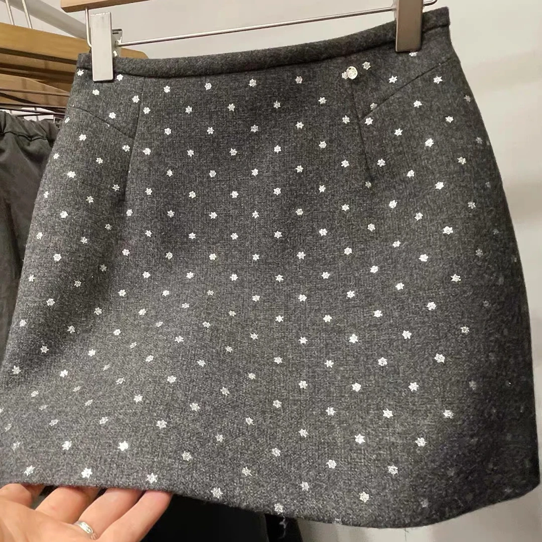 68366 小碎花呢料短裙女新款亮片高腰显瘦半身裙洋气包臀a字裙