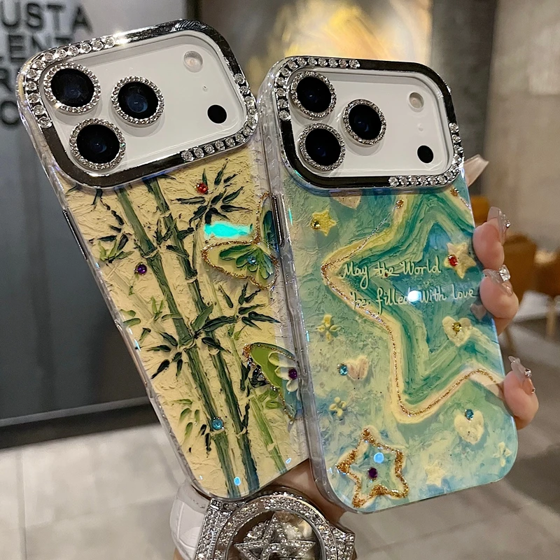 适用苹果系列iPhone17新款手机壳优雅高级感竹叶蝴蝶半钻大孔透气