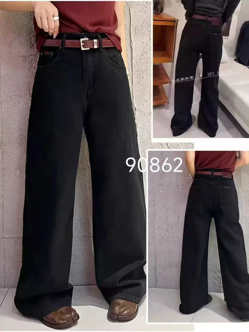 90862秋冬新款直筒阔腿牛仔裤中高腰无弹时尚牛仔裤长度103
