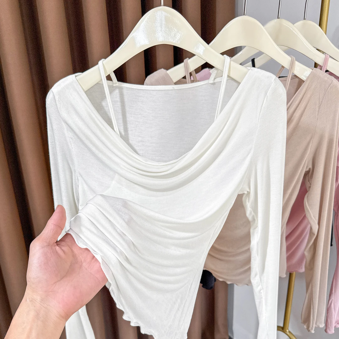 一字肩T恤长袖女设计感荡领露锁骨修身显瘦针织亲肤上衣时尚小衫