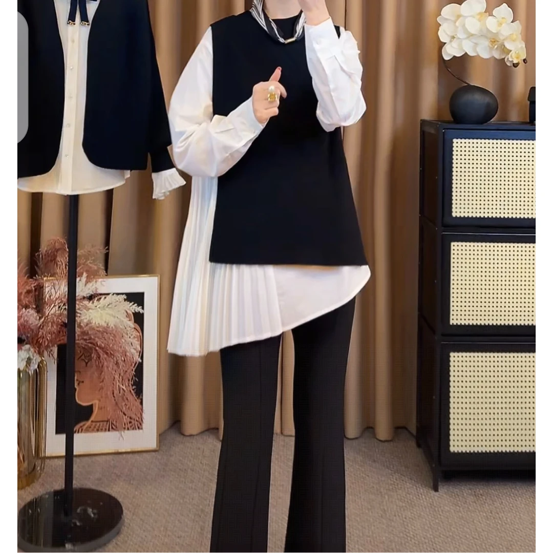 首秀巴黎时光25早秋新款百褶长袖衬衫套装衬衫+马甲两件套