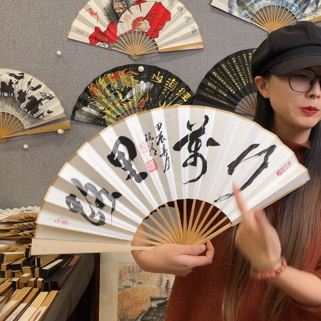 国画10寸玉竹-纯手绘-文玩扇骨（默认粘好）