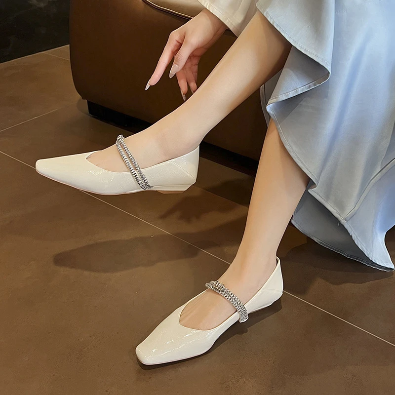 百搭闪亮水钻一字带~坡跟小方头平底鞋女单鞋仙女风可踩跟两穿