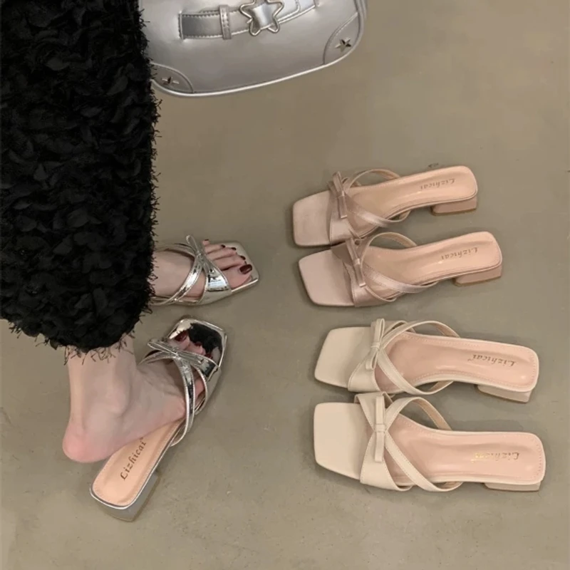 温柔晚晚风方头细带仙女一字露趾凉拖鞋女夏季外穿蝴蝶结显瘦拖鞋