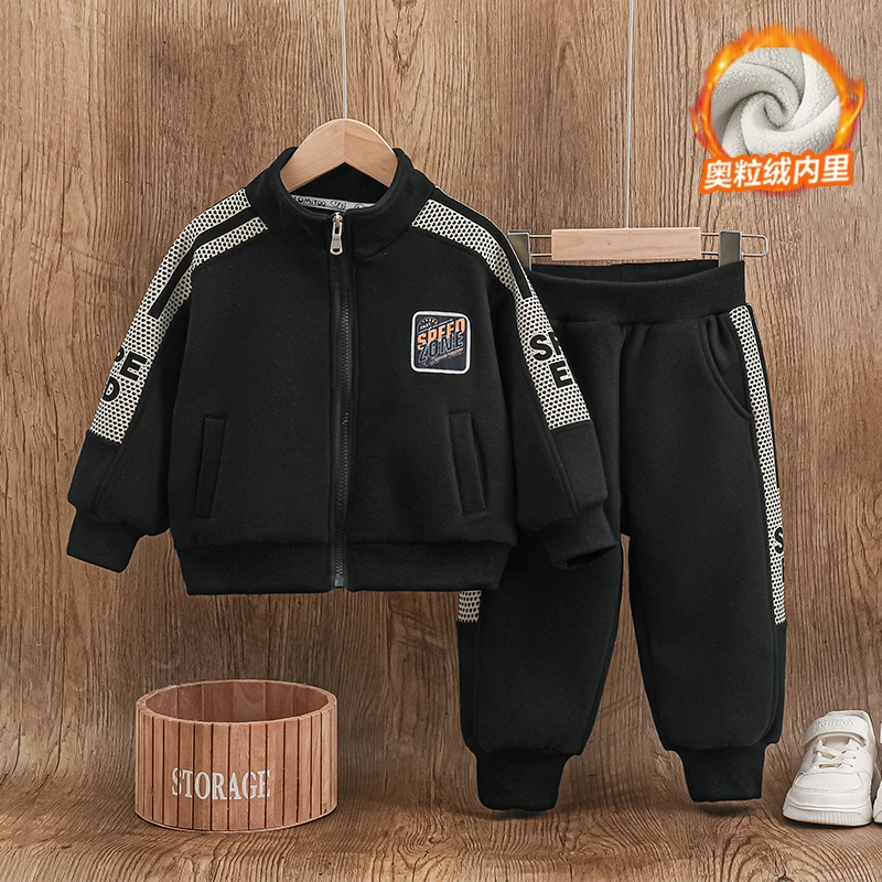 【青青专属】2024冬季男女童新款条纹休闲POLO衫加绒套装4Z151-1