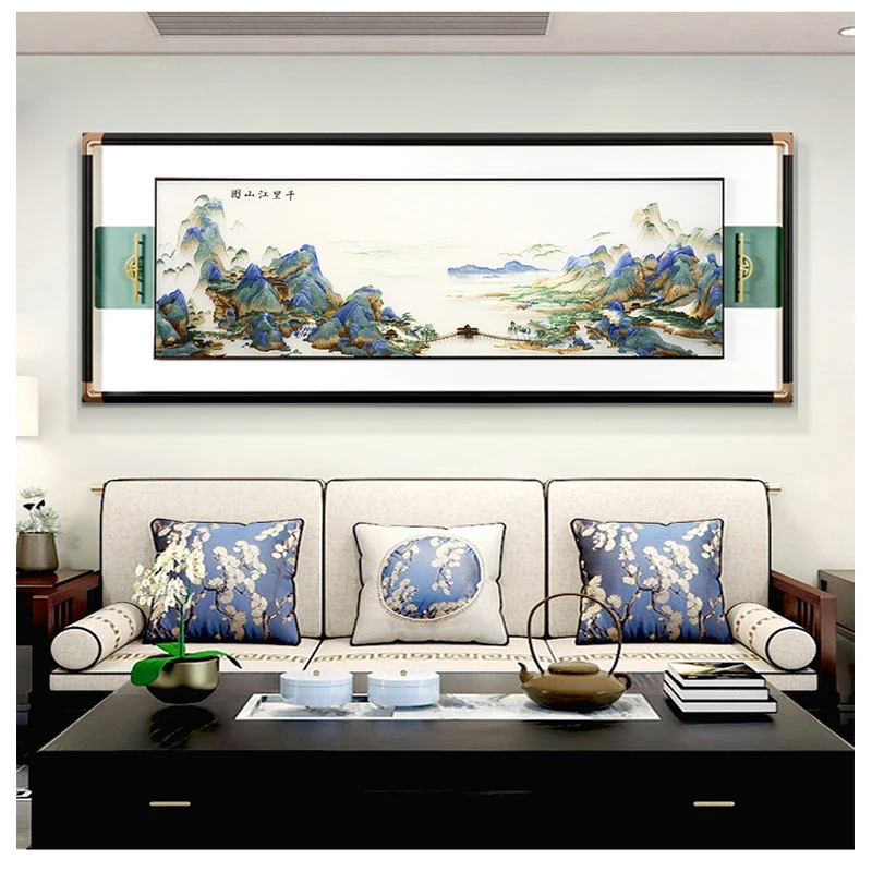 新款苏绣千里江山图新中式刺绣客厅沙发背景横幅装饰画
