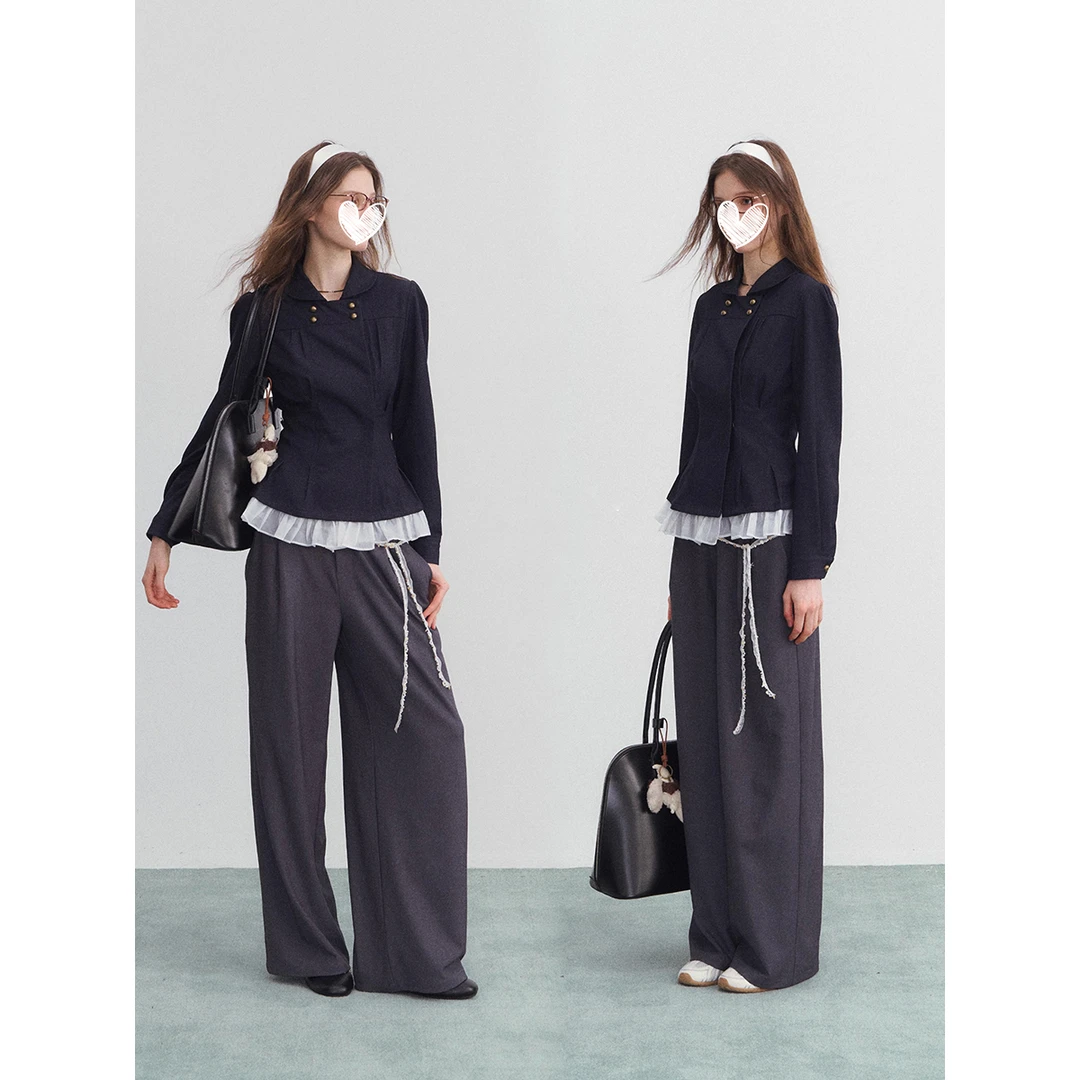 【无可替代】美式复古双排扣牛仔打褶收腰衬衫通勤上衣外套