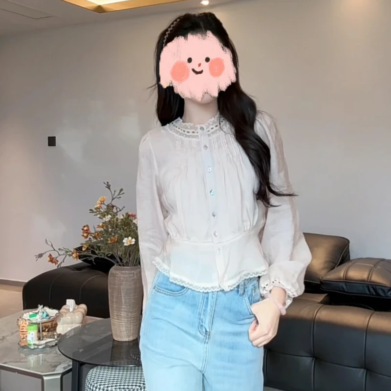 法式蕾丝长袖衬衫女早秋季2025新款设计感气质穿搭泡泡袖短款上衣