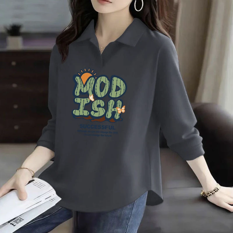 2025春秋新款上衣女100%纯棉翻领长袖洋气百搭薄款弧形下摆POLO衫