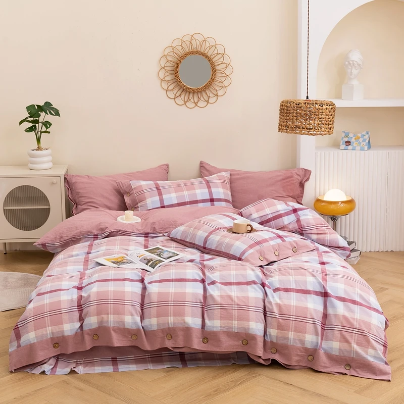 【新品】纽扣款100%全棉色织水洗棉四件套简约床单加厚被套床上用品