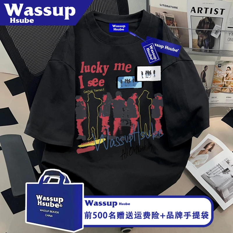 WASSUP HSUBE美式嘻哈字母印花纯棉短袖男t恤ins夏季半袖宽松上衣
