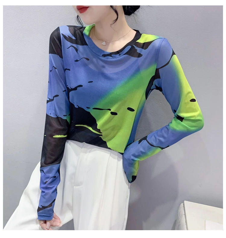 夏季修身型圆领印花长袖打底防嗮衫设计感显瘦上衣空调衫