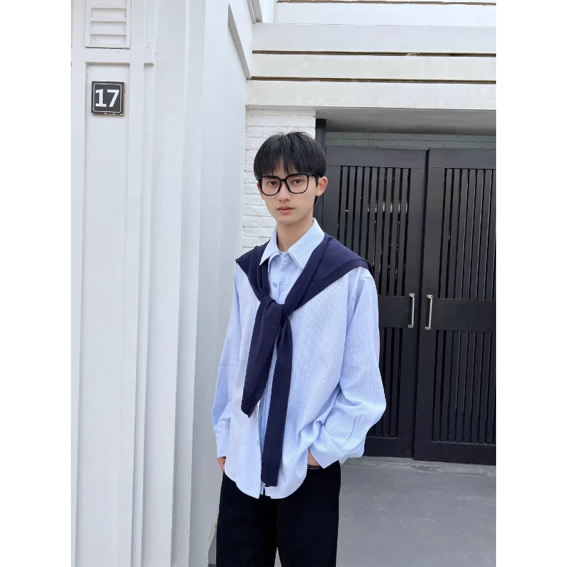 蓝色条纹长袖衬衫男款春秋美式可拆卸披肩设计上衣高级感廓形外套