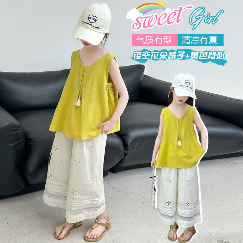 女童短袖套装夏装2025新款中大童韩版无袖娃娃衫休闲阔腿裤两件套