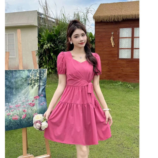 2024新款莫奈花园风连衣裙小个子少女感蝴蝶结短袖连衣裙