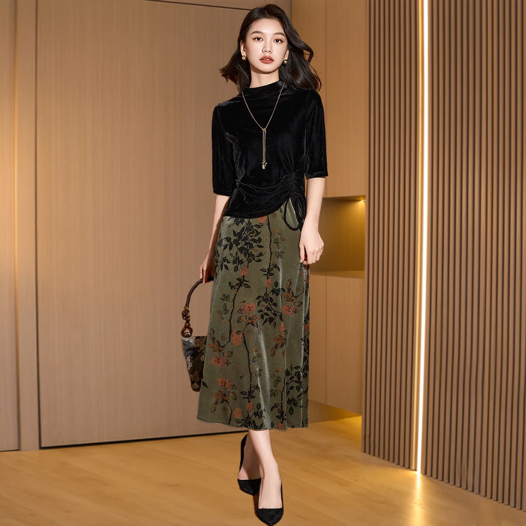 【可蓓儿】高级感连衣裙套装女2025春秋百搭丝绒上衣印花半裙时尚两