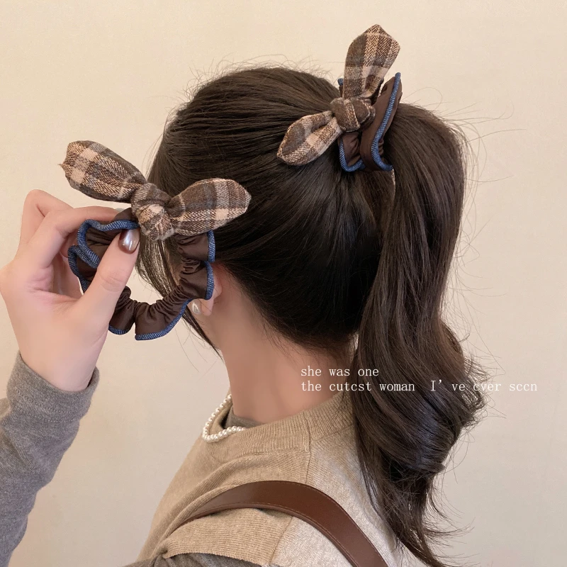 韩系复古格纹蝴蝶结布艺大肠发圈头绳女2025新款扎发马尾皮筋发绳