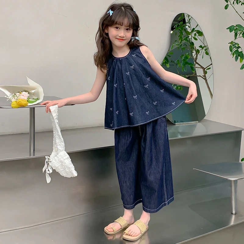 女童夏季牛仔套装套头吊带直筒裤两件套休闲风套装夏款韩版薄款